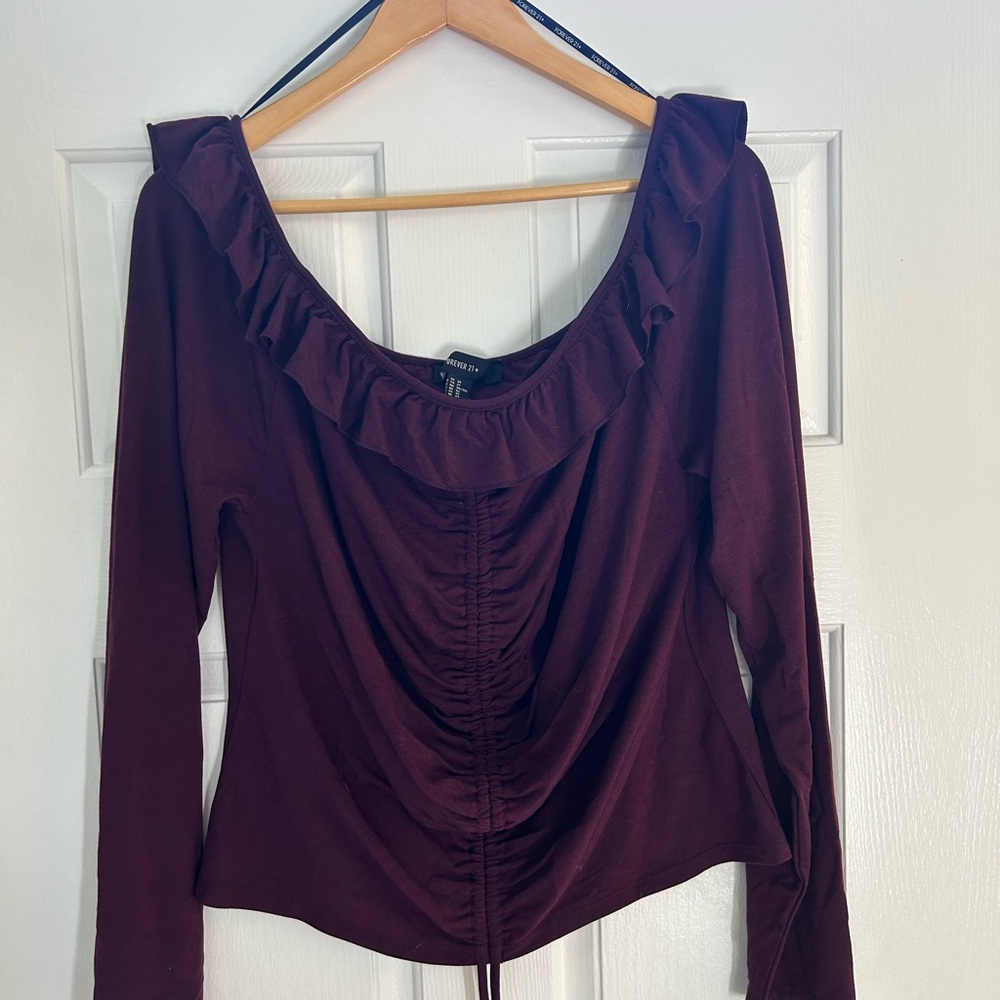 Forever 21 Plus Long Sleeve Purple Ruffle Low Neck Blouse Size 3X Cinch Front